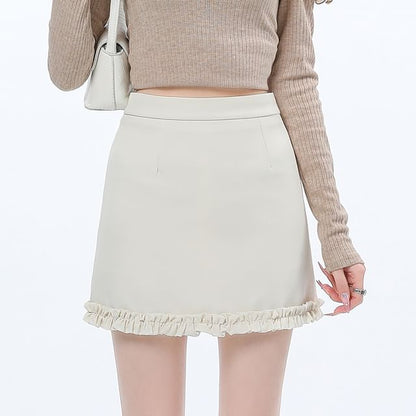 Pencil Mini Skirt Plain Ruffle Trim High Waist