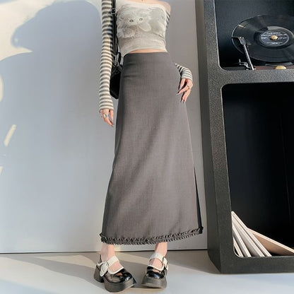 Trim Slit Ruffle Waist A-Line Skirt Plain Midi High