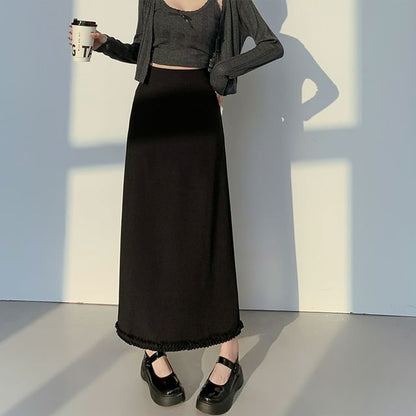 Trim Slit Ruffle Waist A-Line Skirt Plain Midi High