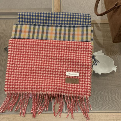 Applique Fringed Scarf Plaid Trim