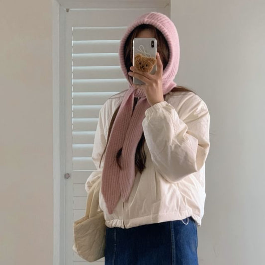 Lace-Up Plain Applique Balaclava Knit Ribbed