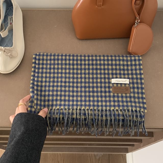 Applique Fringed Scarf Plaid Trim