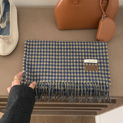 Applique Fringed Scarf Plaid Trim