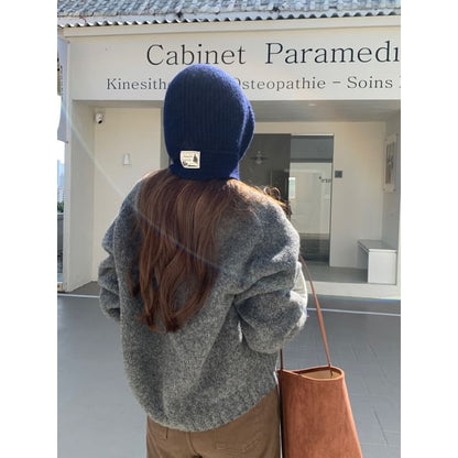 Lace-Up Plain Applique Balaclava Knit Ribbed