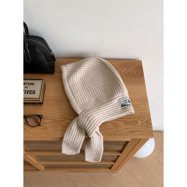 Lace-Up Plain Applique Balaclava Knit Ribbed