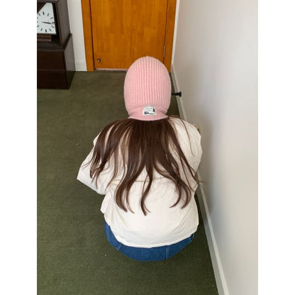 Lace-Up Plain Applique Balaclava Knit Ribbed