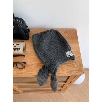 Lace-Up Plain Applique Balaclava Knit Ribbed