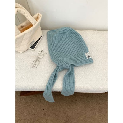 Lace-Up Plain Applique Balaclava Knit Ribbed