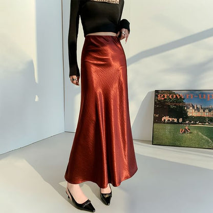 Skirt Satin High Plain A-Line Waist Midi