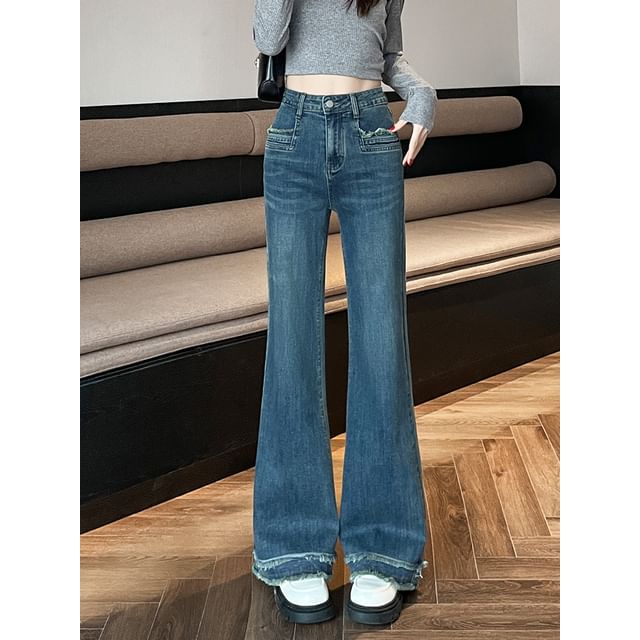 Washed Designs) Bootcut Fringed (Various Waist High Jeans