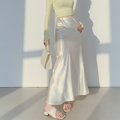 Skirt Satin High Plain A-Line Waist Midi