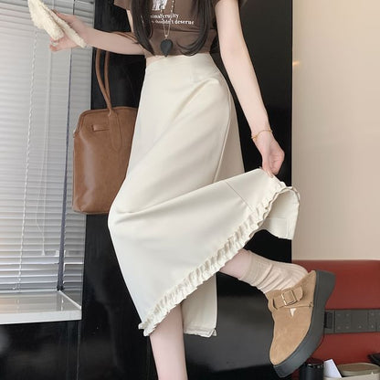 Skirt Plain Trim Ruffle Rise Slit High Midi A-Line