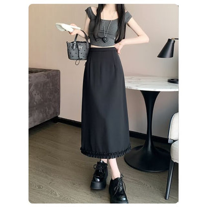 Skirt Plain Trim Ruffle Rise Slit High Midi A-Line