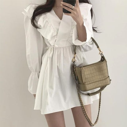 A-Line Mini Plain Collared Long-Sleeve Dress V-Neck