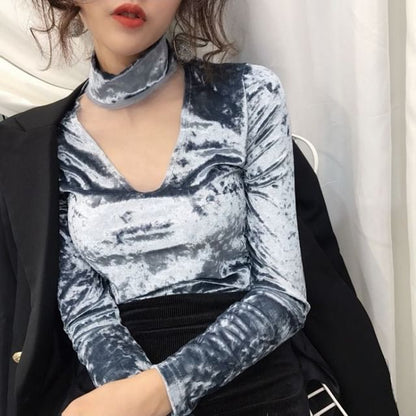 Neck Velvet Mesh Mock Top Long-Sleeve Panel