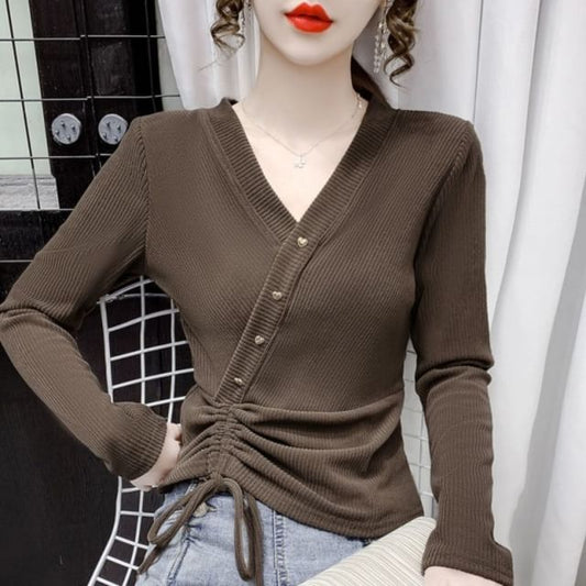 Crop V-Neck Long-Sleeve Asymmetrical Plain Top