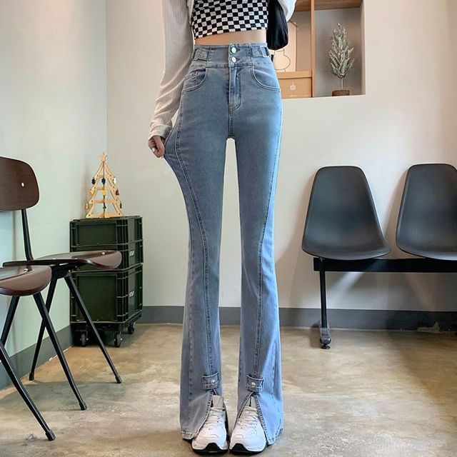 Jeans High Hem Slit Waist Flared