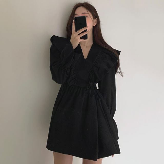 A-Line Mini Plain Collared Long-Sleeve Dress V-Neck