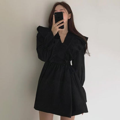 A-Line Mini Plain Collared Long-Sleeve Dress V-Neck