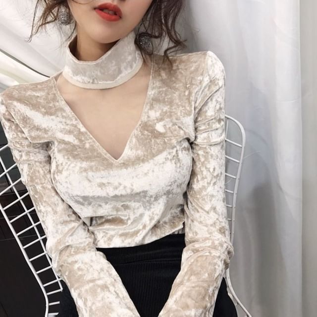 Neck Velvet Mesh Mock Top Long-Sleeve Panel