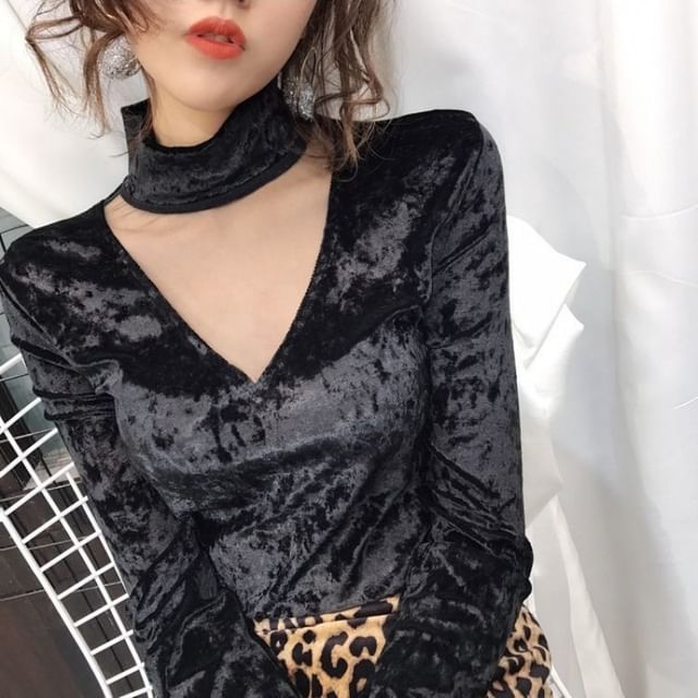 Neck Velvet Mesh Mock Top Long-Sleeve Panel