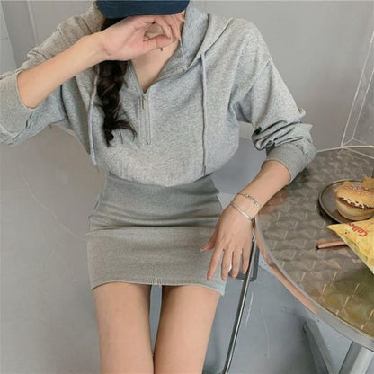Zip Hoodie Dress Plain Mini Half