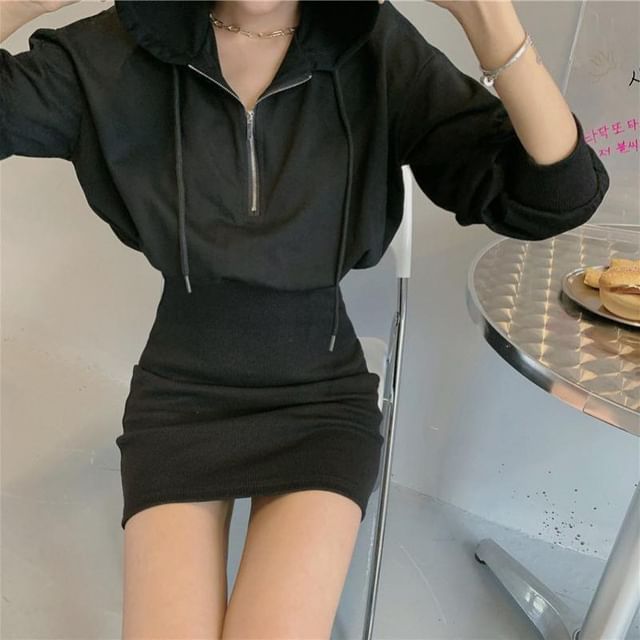 Zip Hoodie Dress Plain Mini Half
