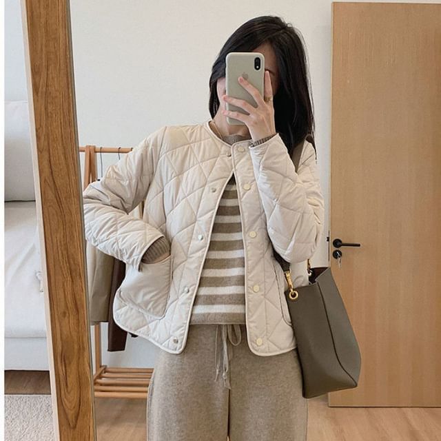 Button-Up Jacket Quilted V-Neck