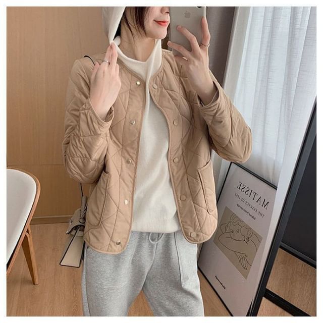 Button-Up Jacket Quilted V-Neck