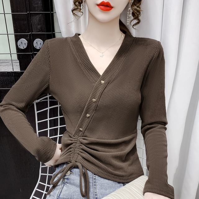 Crop V-Neck Long-Sleeve Asymmetrical Plain Top