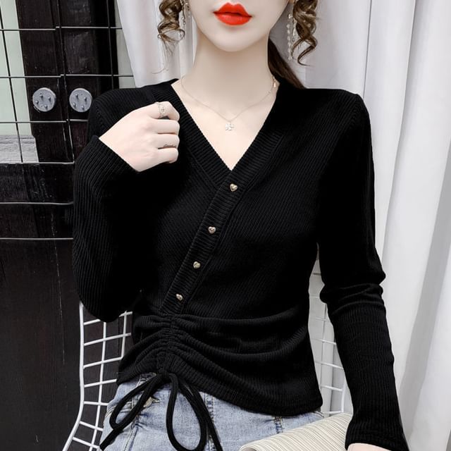 Crop V-Neck Long-Sleeve Asymmetrical Plain Top