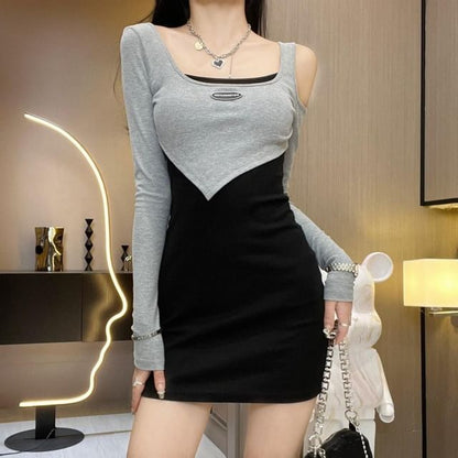 Dress Two Mock Mini Long-Sleeve Scoop Tone Neck Two-Piece Bodycon Cutout