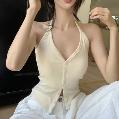 Top Button-Up Halter V-Neck Plain
