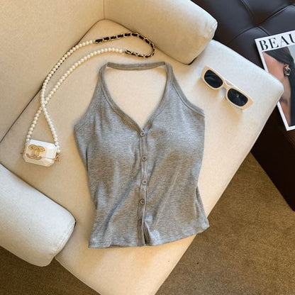 Top Button-Up Halter V-Neck Plain