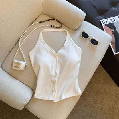 Top Button-Up Halter V-Neck Plain
