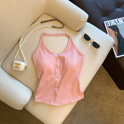 Top Button-Up Halter V-Neck Plain