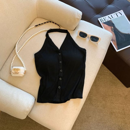 Top Button-Up Halter V-Neck Plain