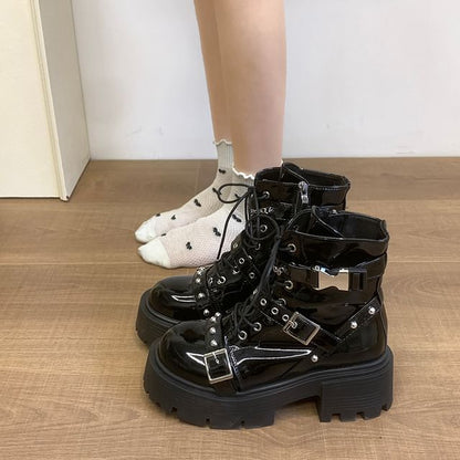 Patent Up Platform Boots Studded Buckled Leather Lace