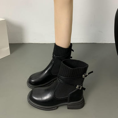 Buckled Boots Knit Panel Short Platform