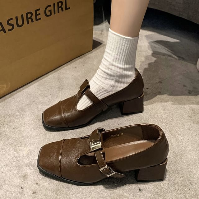 Pumps Square Block Heel Toe Cap T-Strap