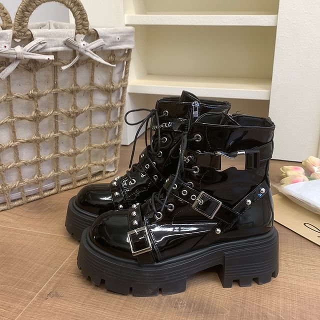 Patent Up Platform Boots Studded Buckled Leather Lace