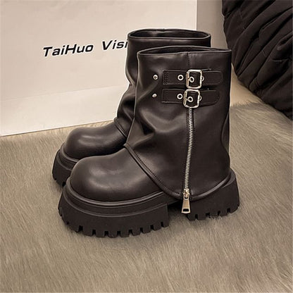 Platform Zip Buckled Panel Short Boots