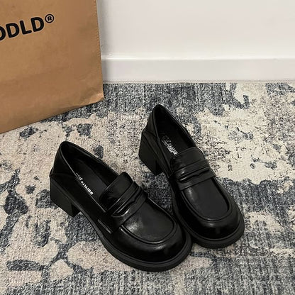 Block Faux Loafers Leather Heel