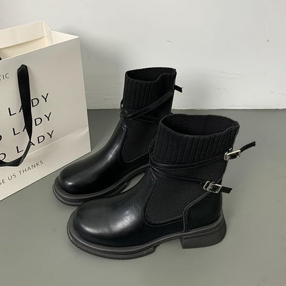 Buckled Boots Knit Panel Short Platform