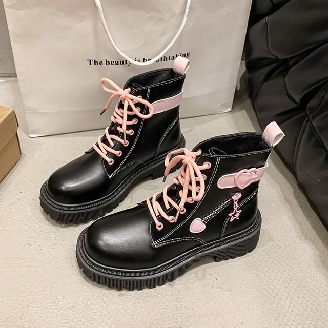 Lace Short Buckled Platform Panel Boots Up