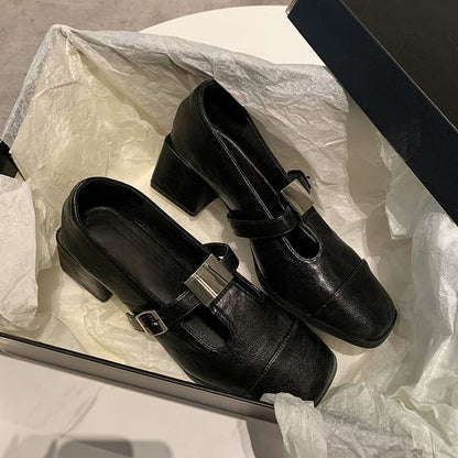 Pumps Square Block Heel Toe Cap T-Strap