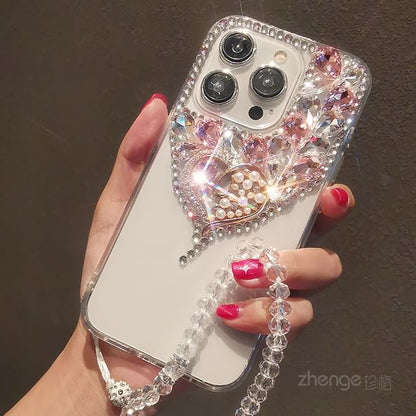 Heart Rhinestone Faux Pearl Phone Case with Strap