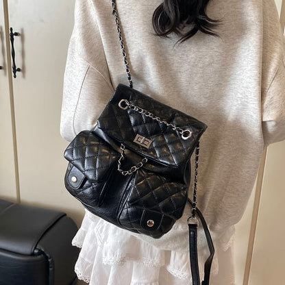 Chain Faux Strap Quilted Leather Backpack