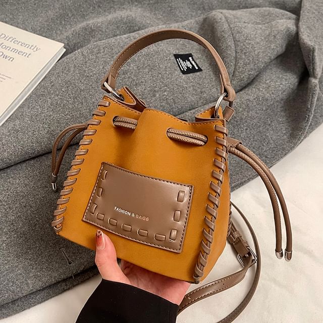 Drawstring Bag Leather Faux Applique Bucket