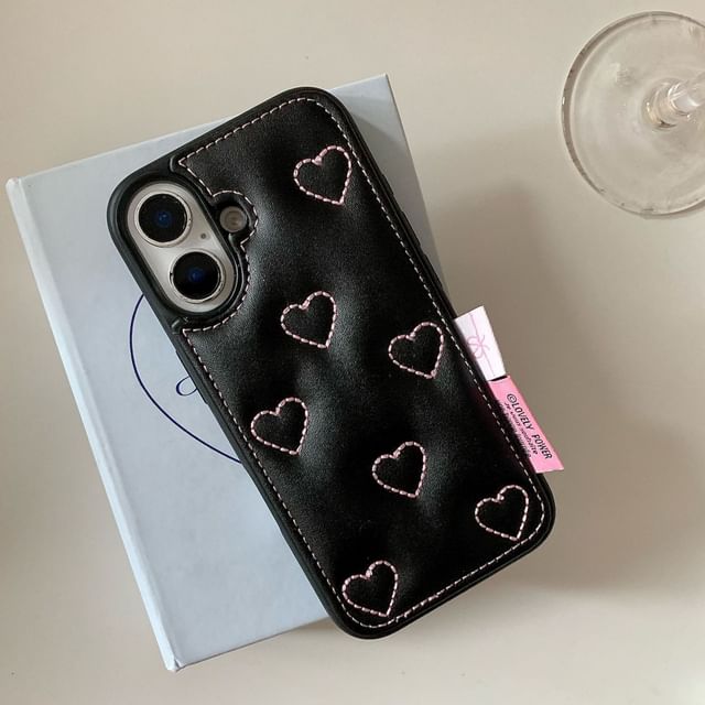 Heart Embroidered Faux Leather Phone Case